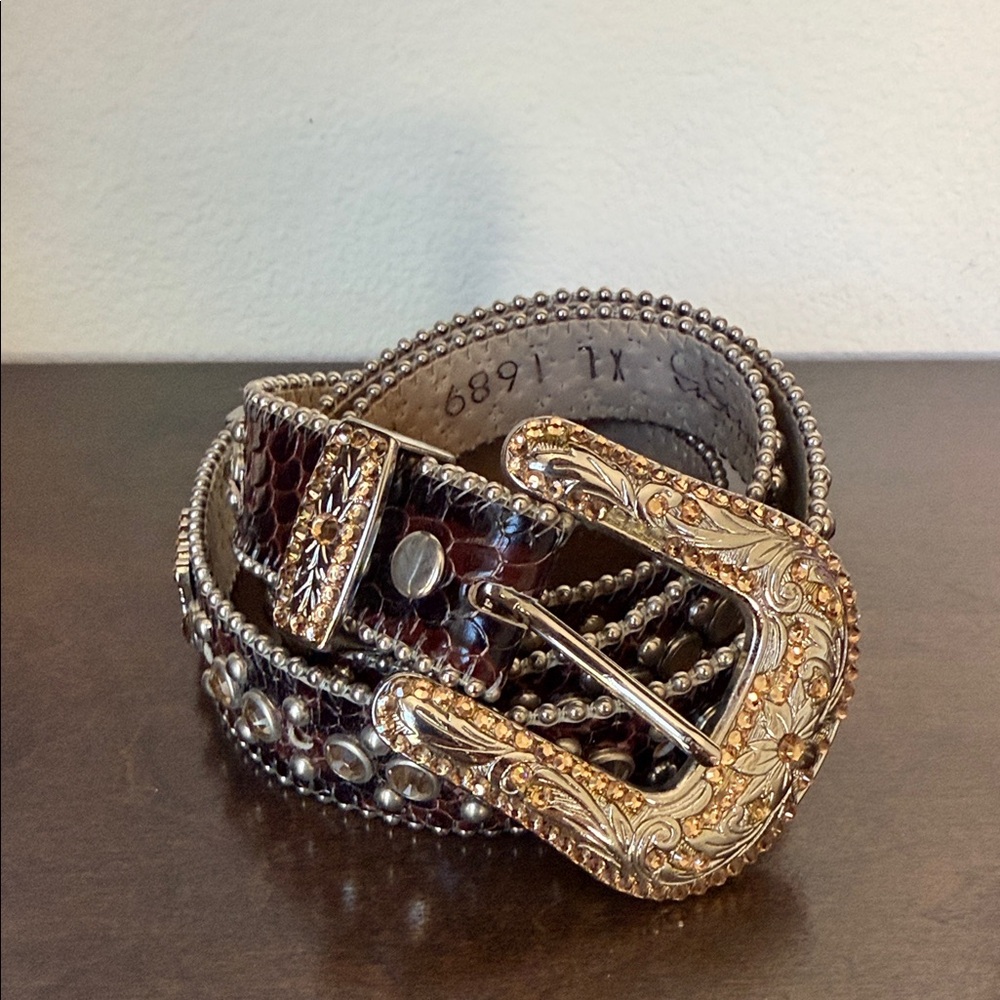 BB Simon - Brown Patent Croc Embossed Leather Belt Silver Hardware